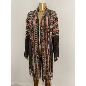 Adora Womens Aztec Boho Western chunky Knit Cardigan Sweater Fringe Hem M/L